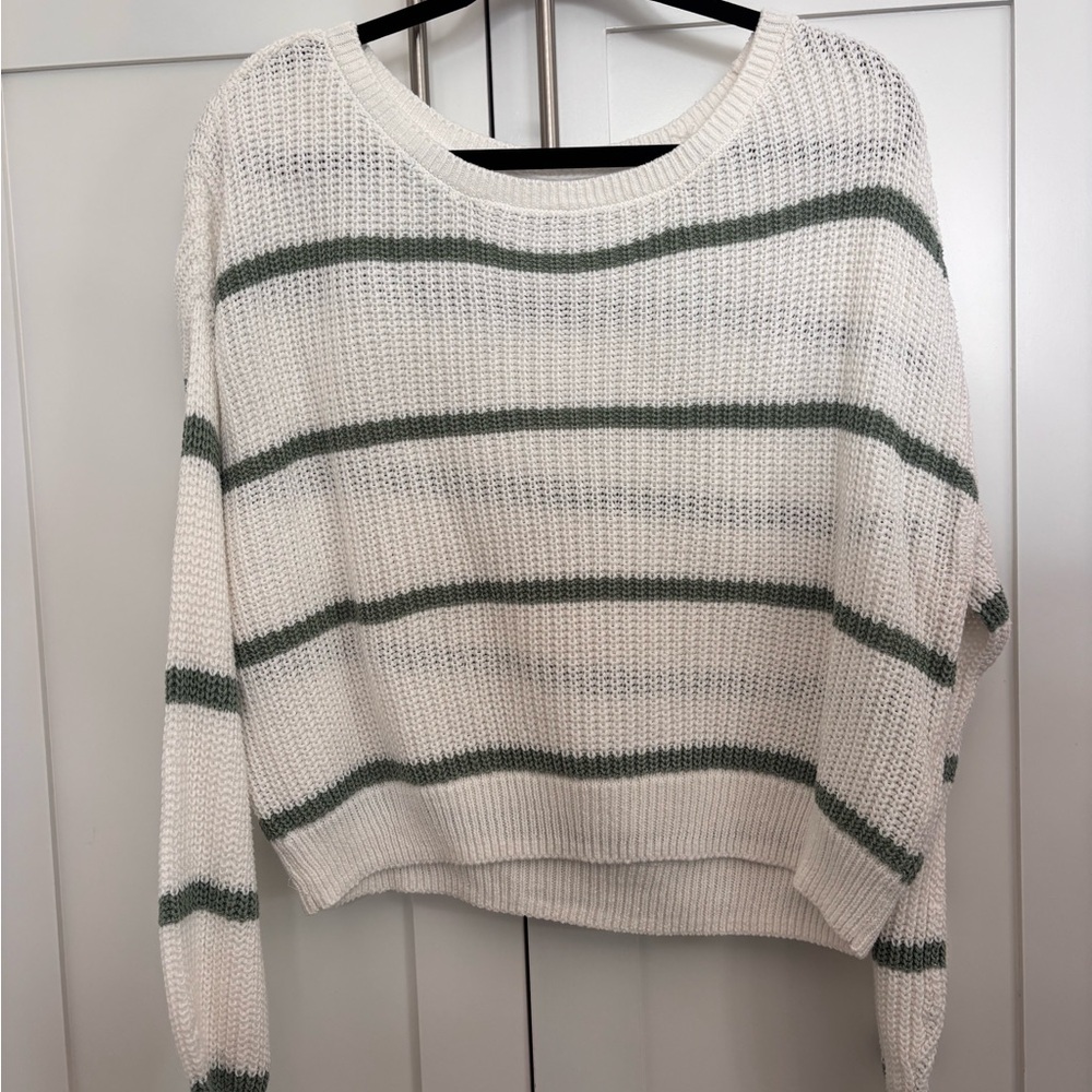 Hollister White and Green Striped Sweater